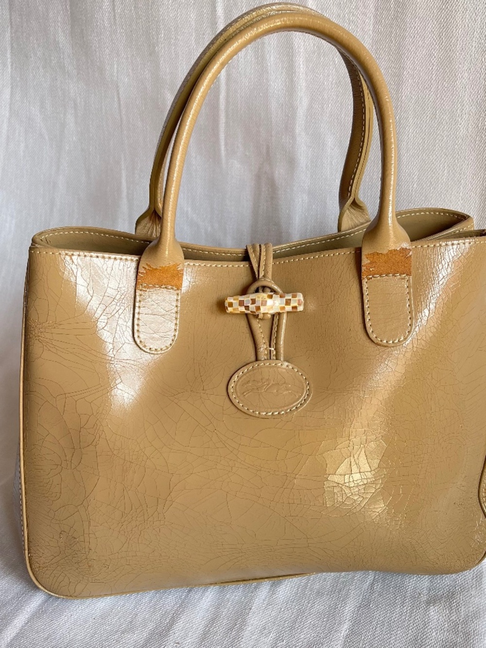 Longchamp Beige Patent Leather Top-Handle Tote - Picture 1 of 12